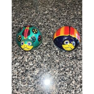 2 Vintage Tin Litho Koyo Kinzoku Green & Red Ladybug Friction Toys-Needs Repair